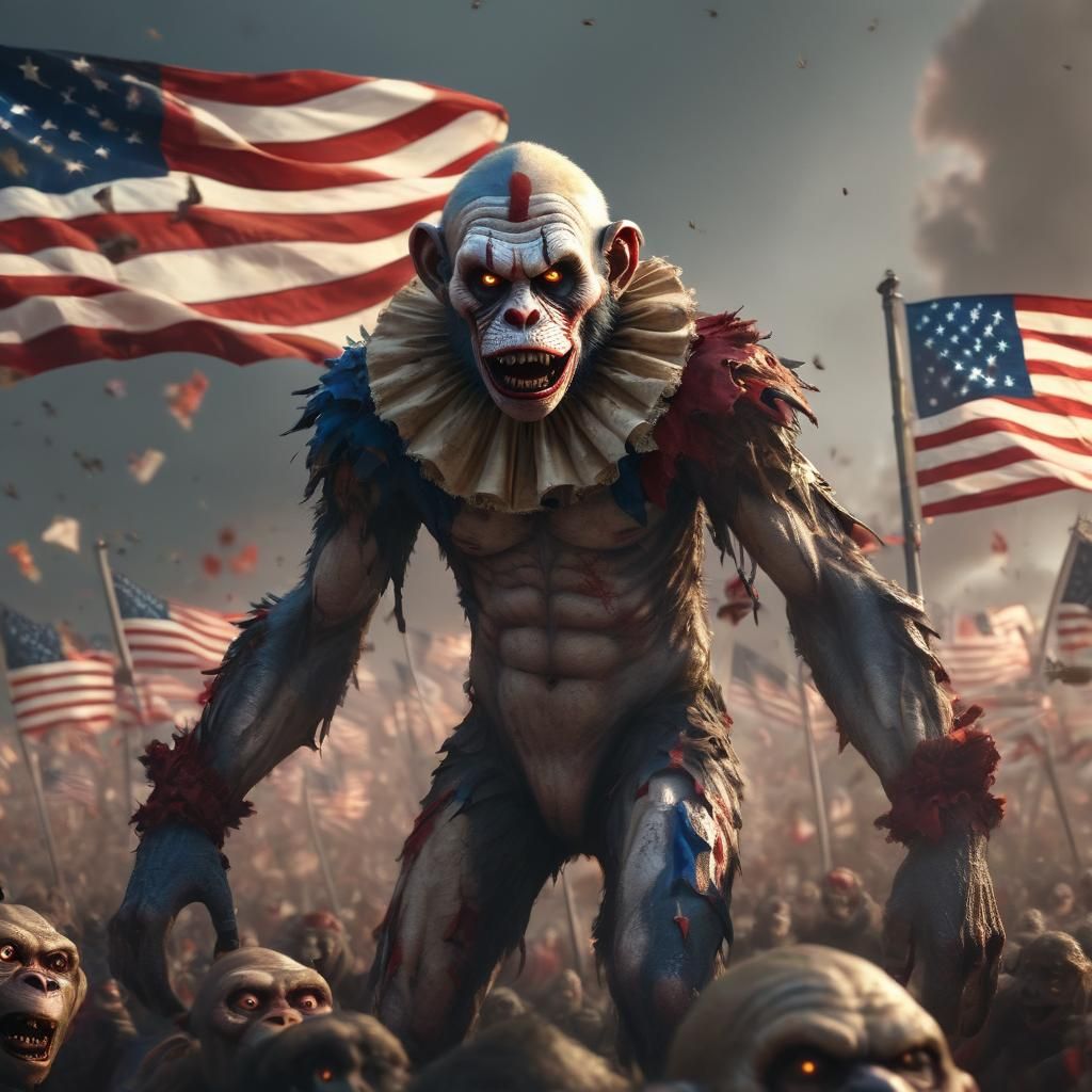 Patriotic Zombie Monkey Clown in Digital Matte Painting