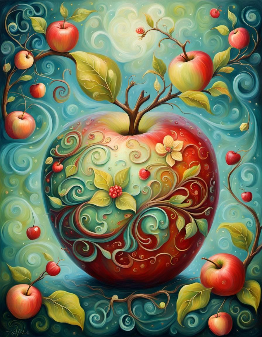 Whimsical Apple with Fairy Patterns in Oil Painting