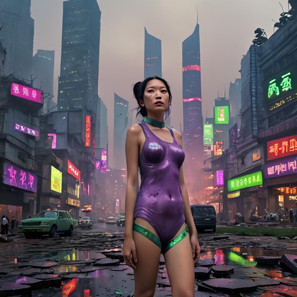 Cyberpunk Rhino Rampage in Dystopian Shanghai