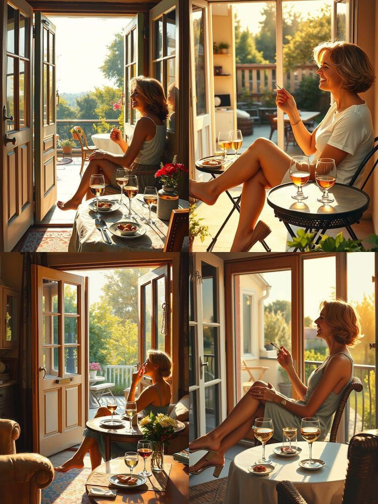 Impressionist Realism Oil Painting of Woman on Sunny Terrace