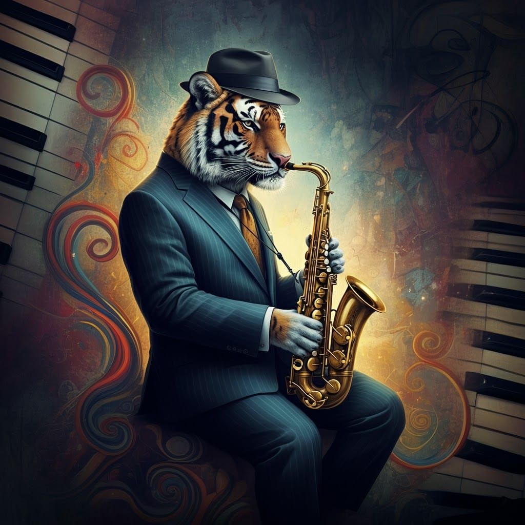 Tiger Jazz Musician in Zoot Suit, Surreal Scene