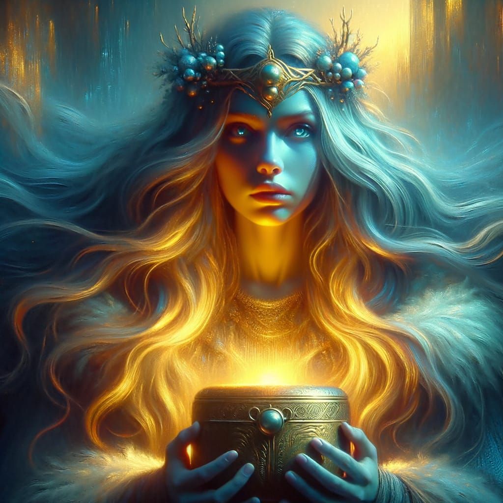 Norse Goddess with Queen's Coffer in Dreamlike Fantasy