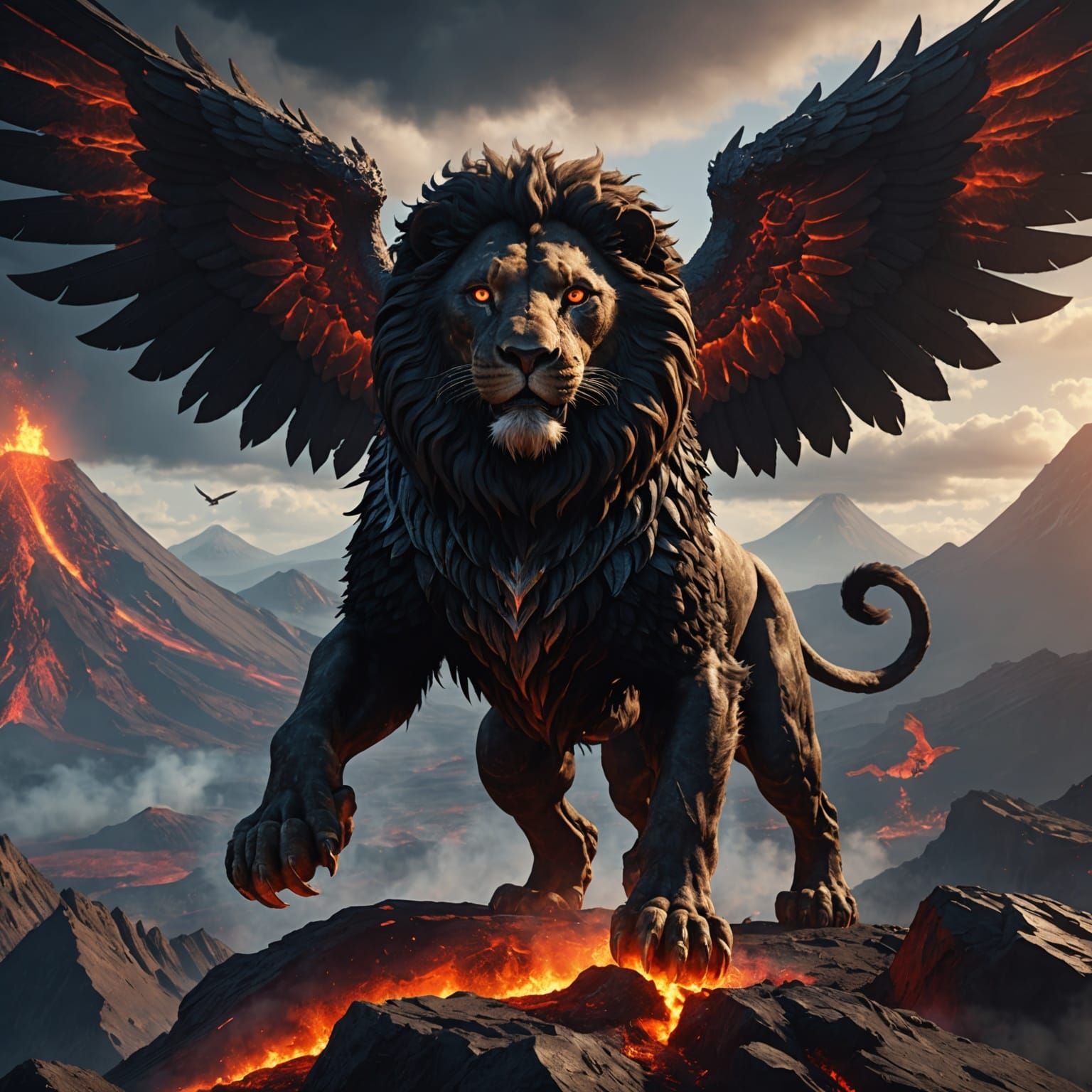 Winged Black Lion Flies Over Volcano: 3D Render