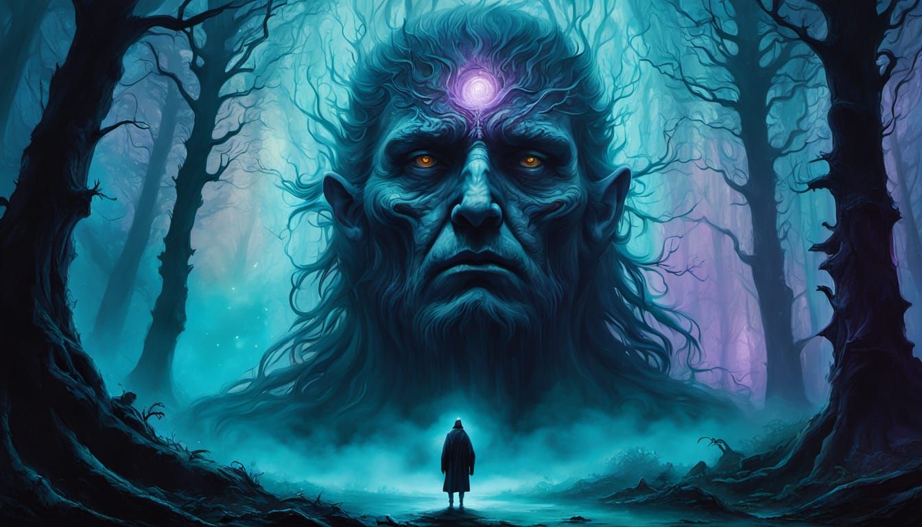 Surreal Dark Fantasy Portrait of a Weathered Mage Confrontin...