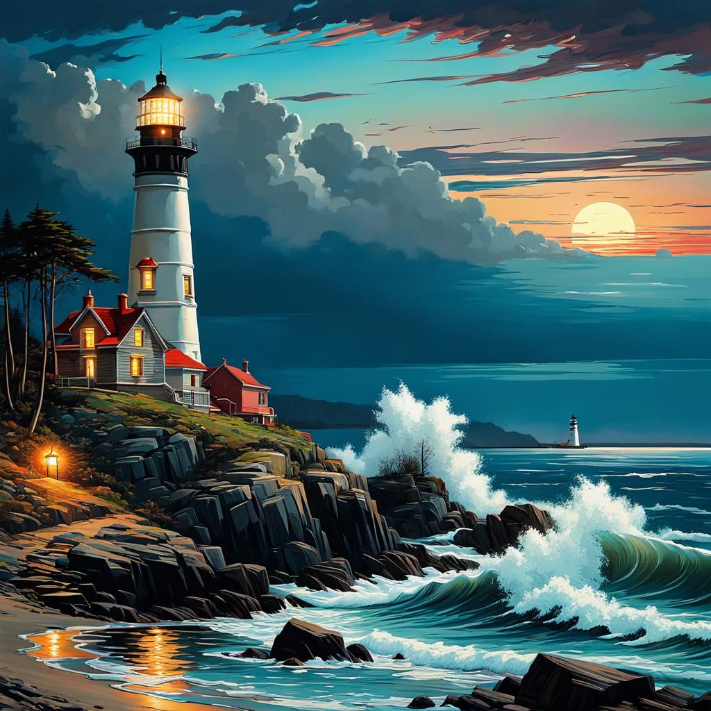 Night Lighthouse in Pre-Raphaelite Style