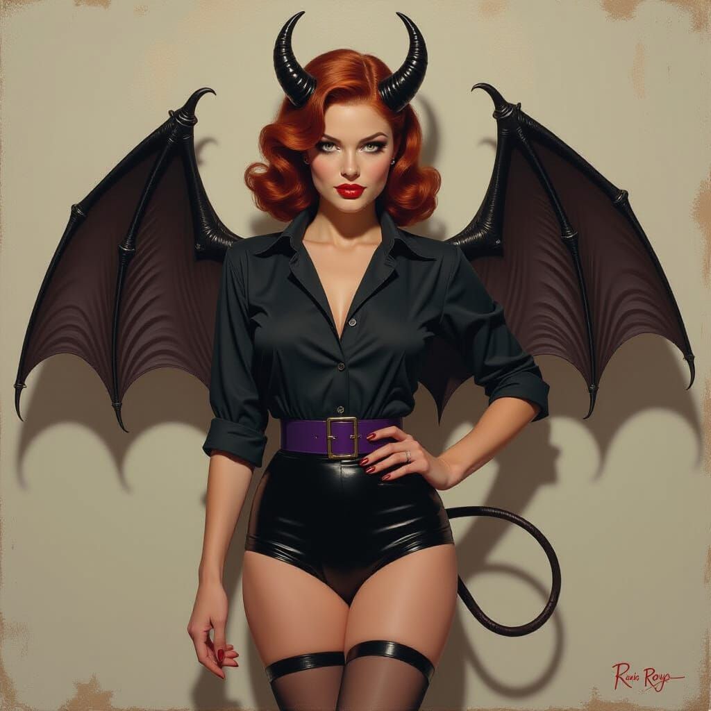 Retro Demon Girl Posing in Gothic Pin-Up Style