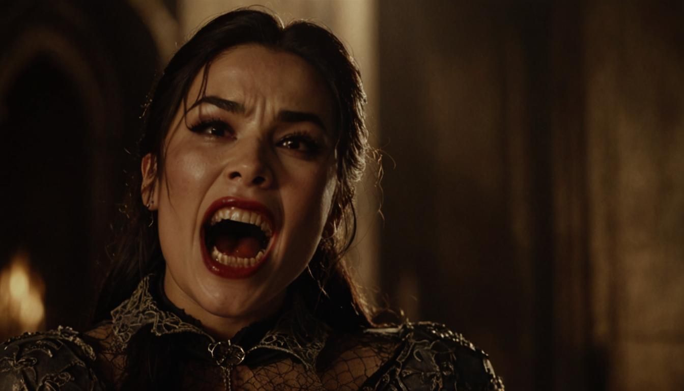 Vampire Portrait with Gleaming Fangs in Dark Fantasy Style