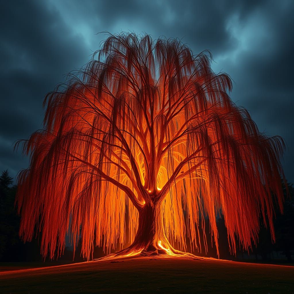 Fiery Willow Tree with Hyperrealistic Details