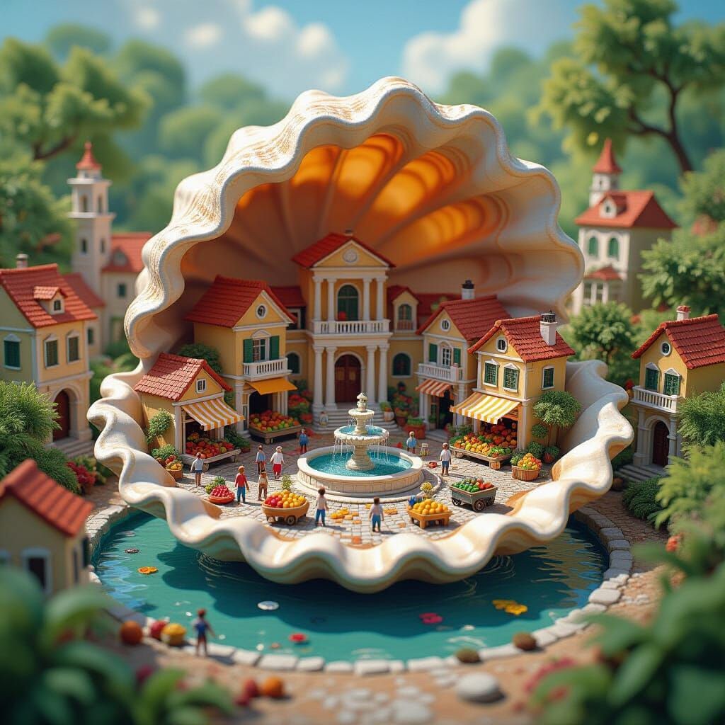 Quaint Clay Village Inside Conch Shell: Digital Art