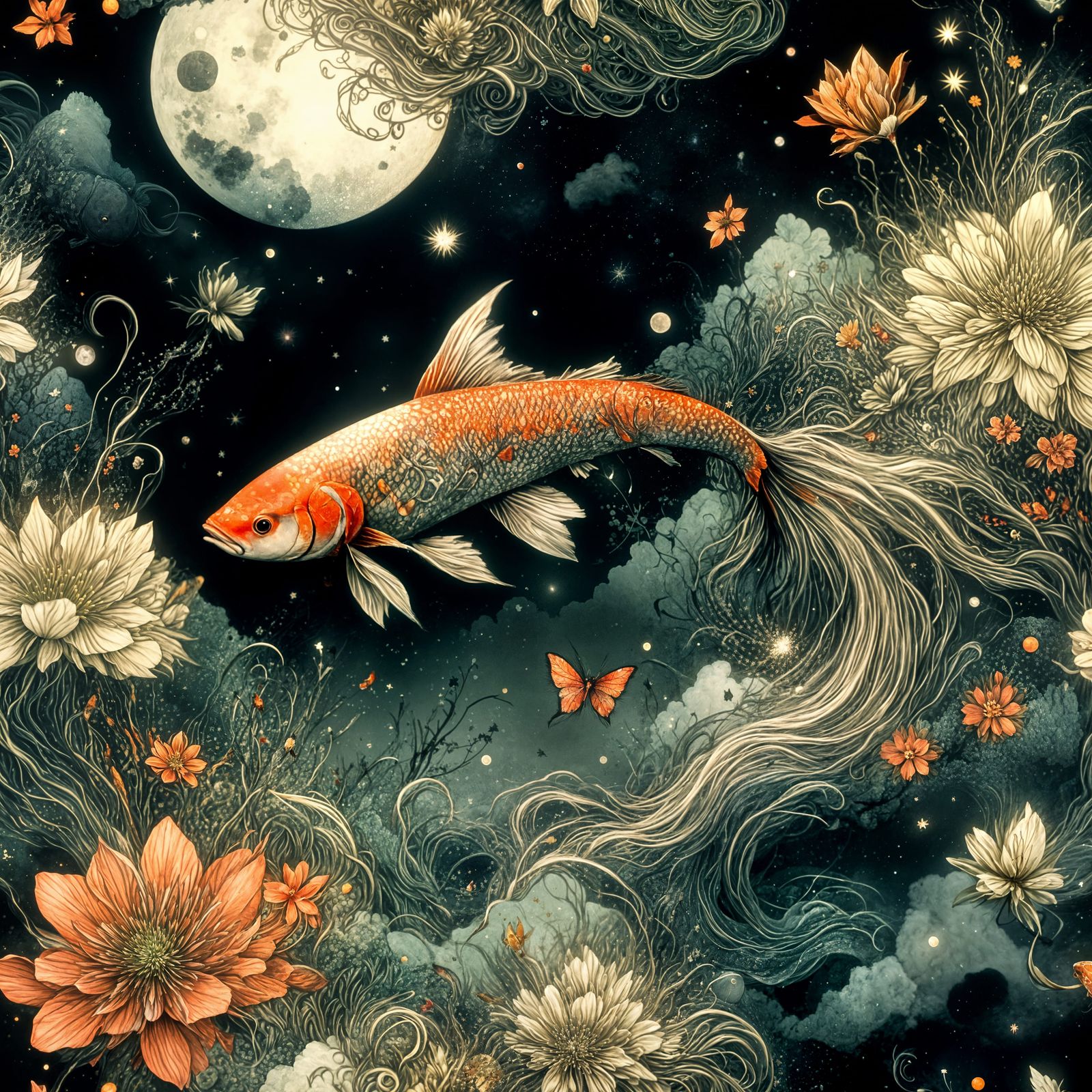Giant Koi Fish Among Flowers Under Moonlight
