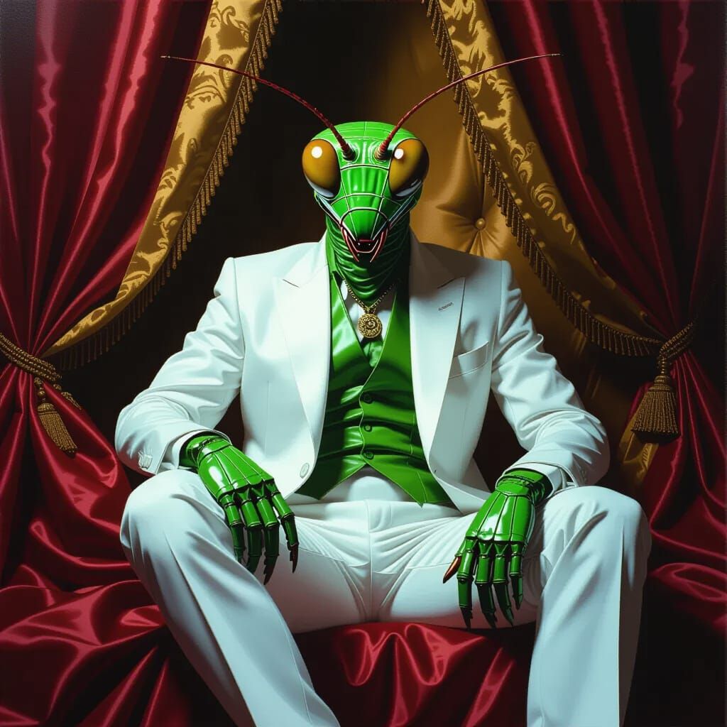 Mantis in White Suit: Hyperrealistic Still Life