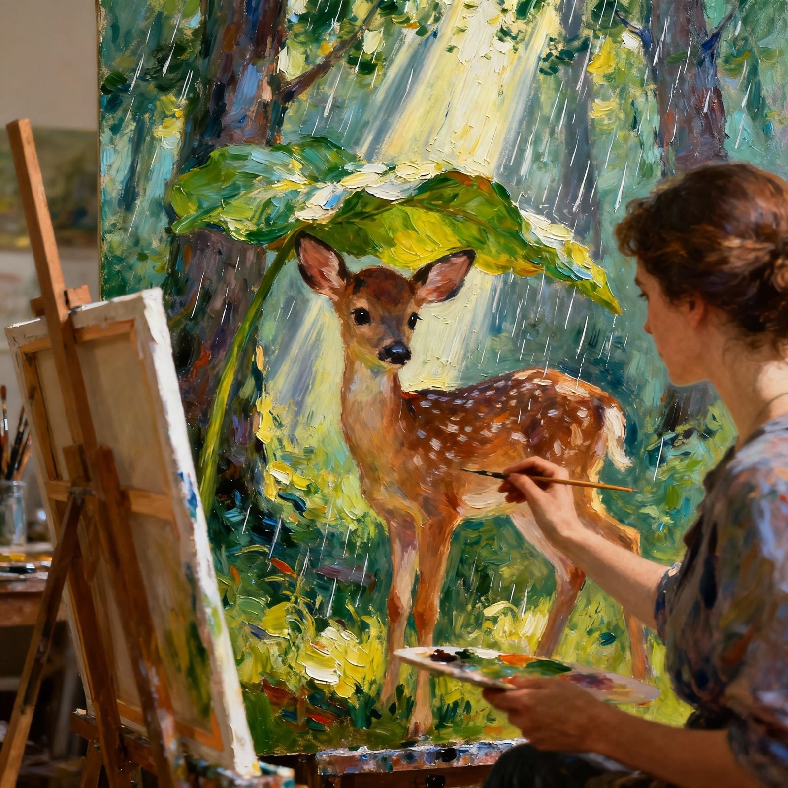 Impressionist Artist Paints Deer in Forest Rain
