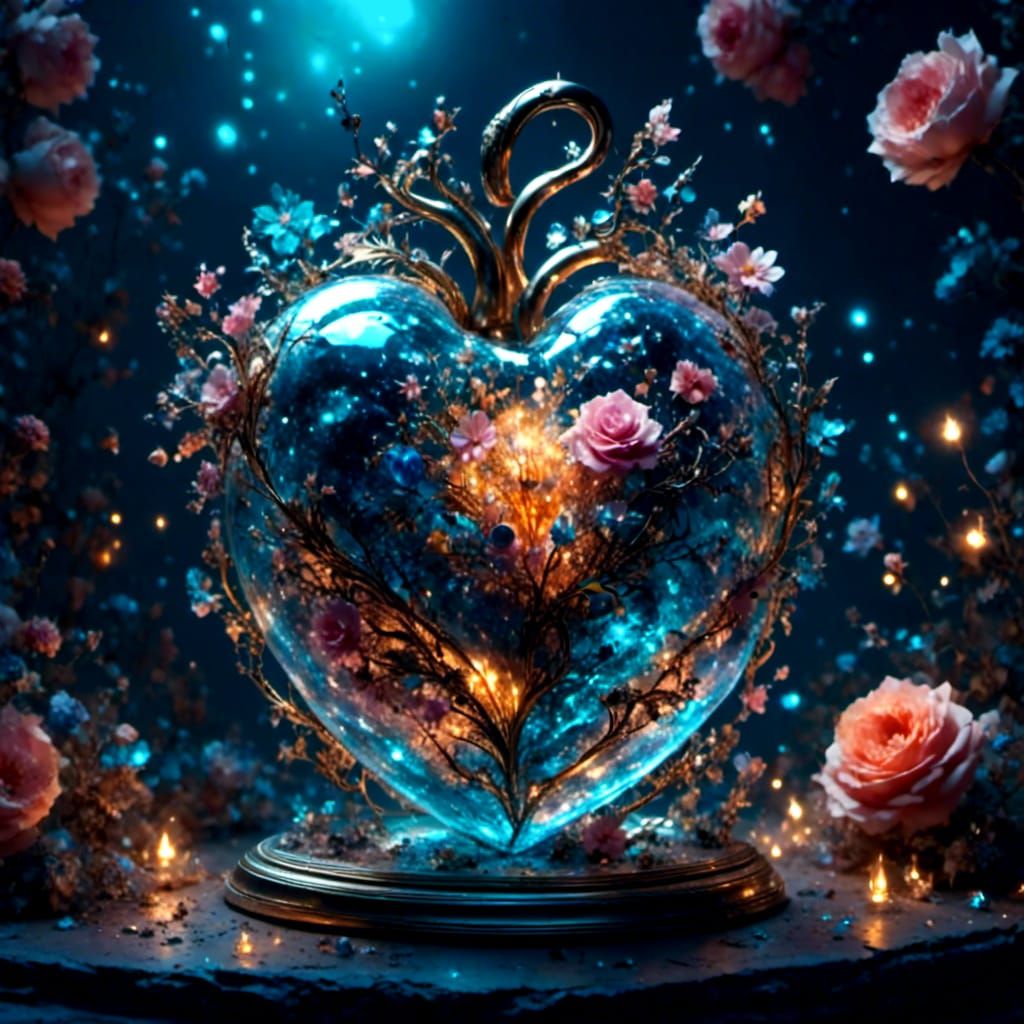 Flowers in Glass Heart: Pastel Digital Art