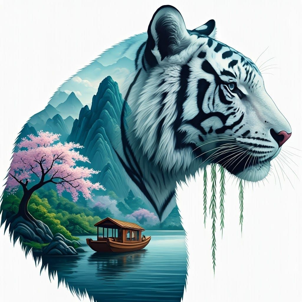 White Tiger Silhouette in Chinese Landscape Art
