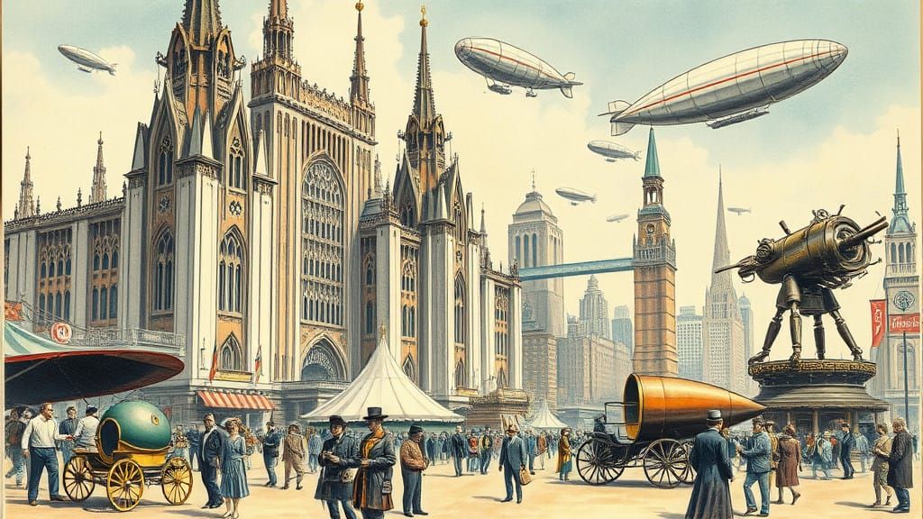 Retro-Futuristic New York City Worlds Fair Scene in Art Deco...