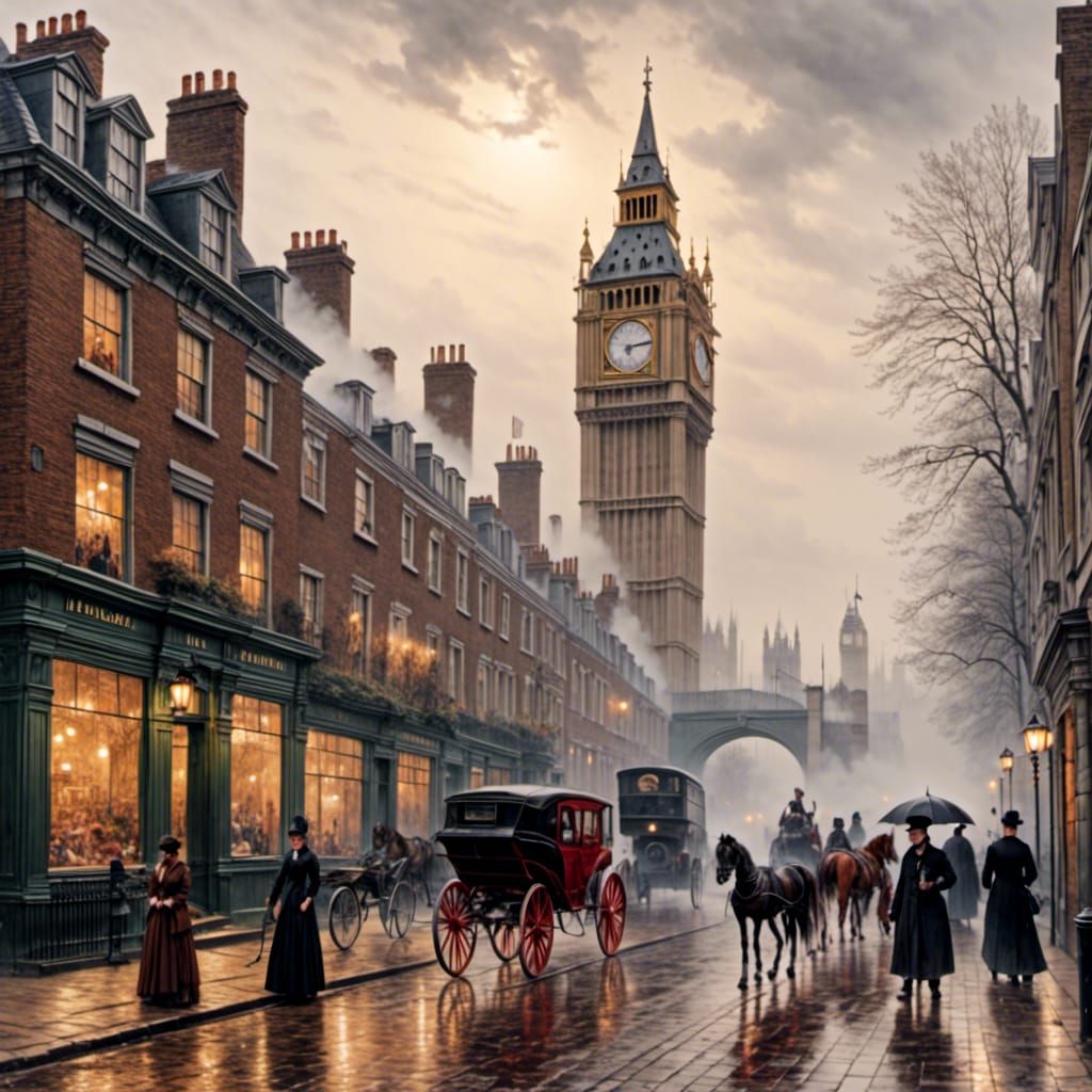 Misty London Street Scene in 1880s Style