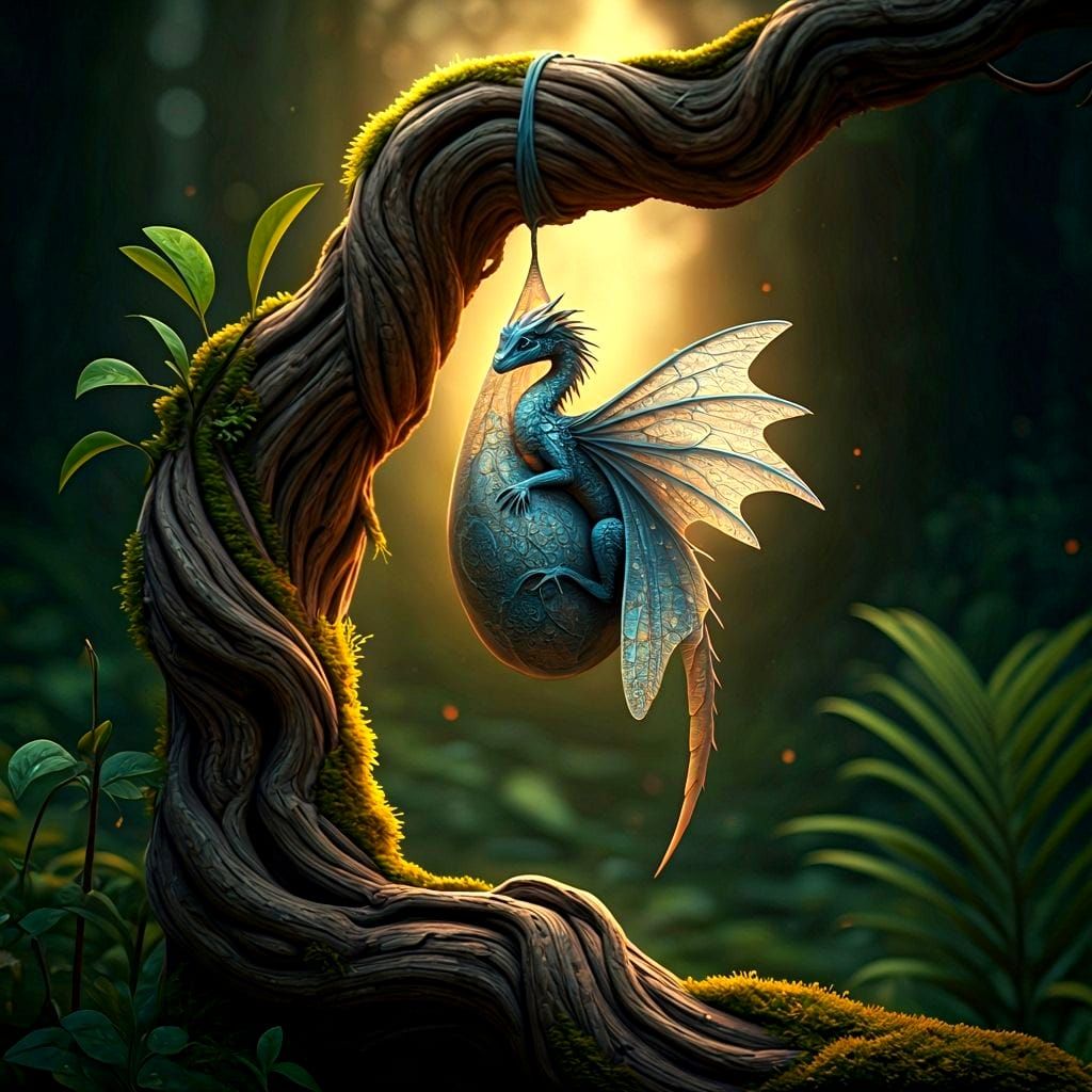 Blue Golden Dragon Emerges From Cocoon on Gnarled Tree