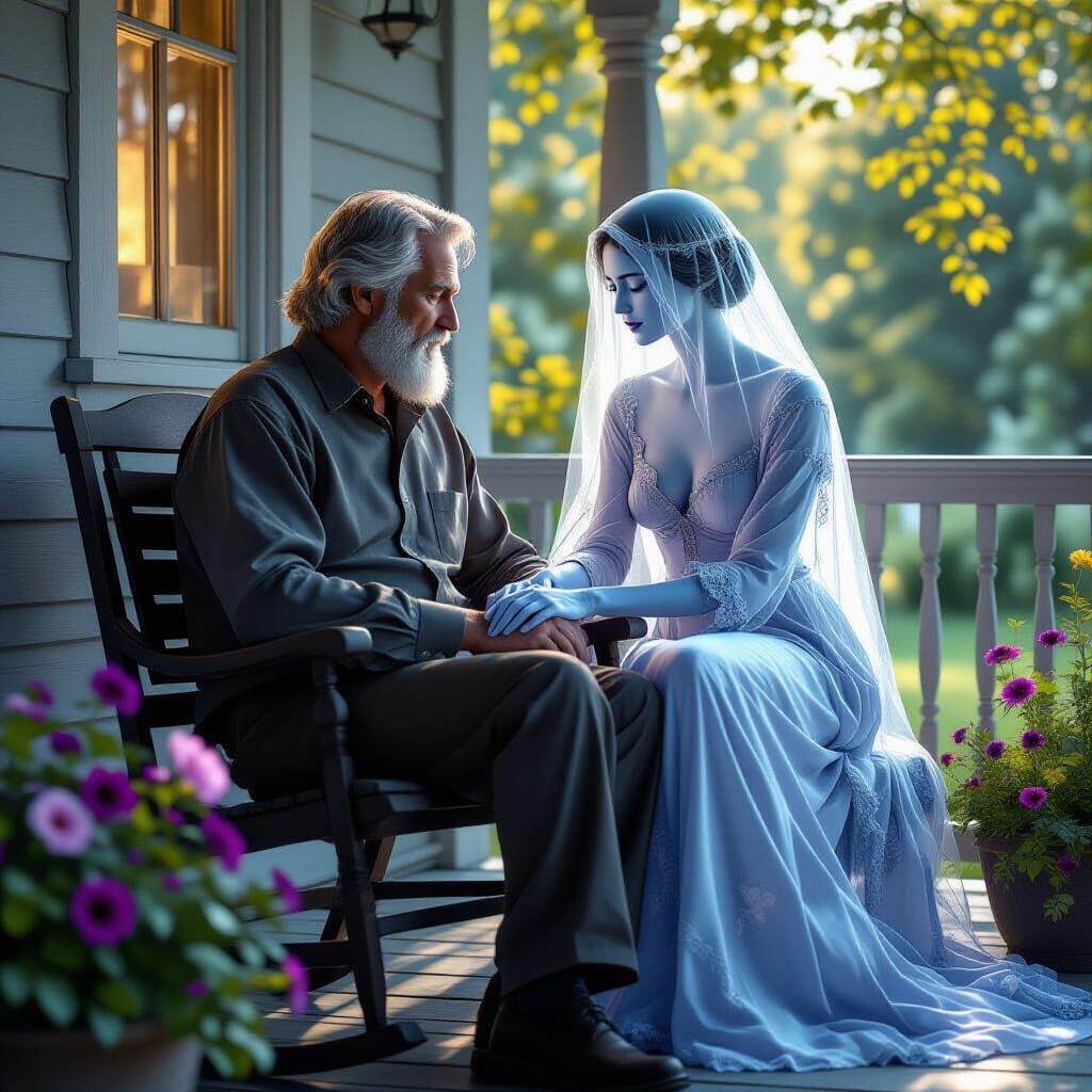 Ghostly Wife Sits With Husband On Porch