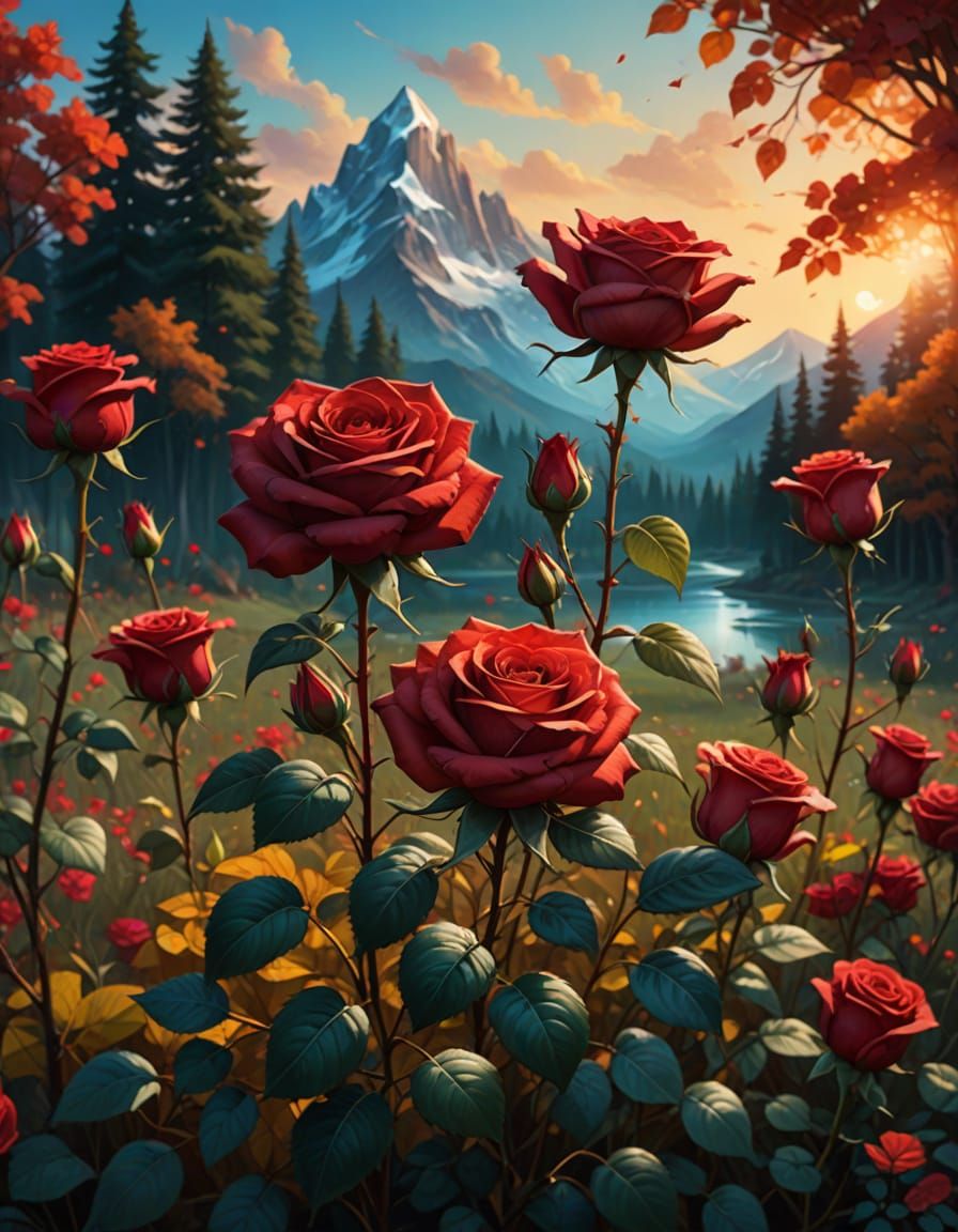 Glowing Crystal Roses in Autumn Landscape