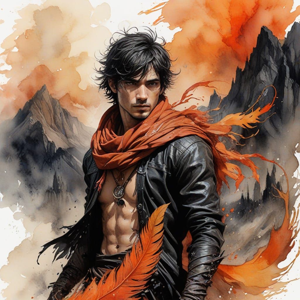 Fiery Nomadic Warrior in Watercolor Style