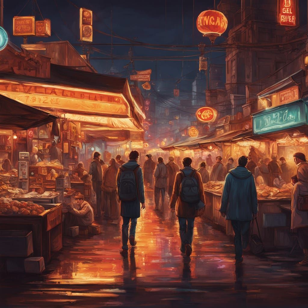 Vintage Sign Illuminates Whimsical Night Market Scene in Cyb...