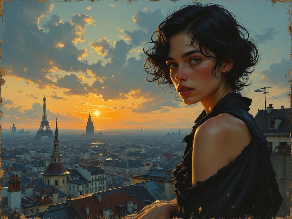 Woman on Parisian Rooftop in Dramatic Twilight