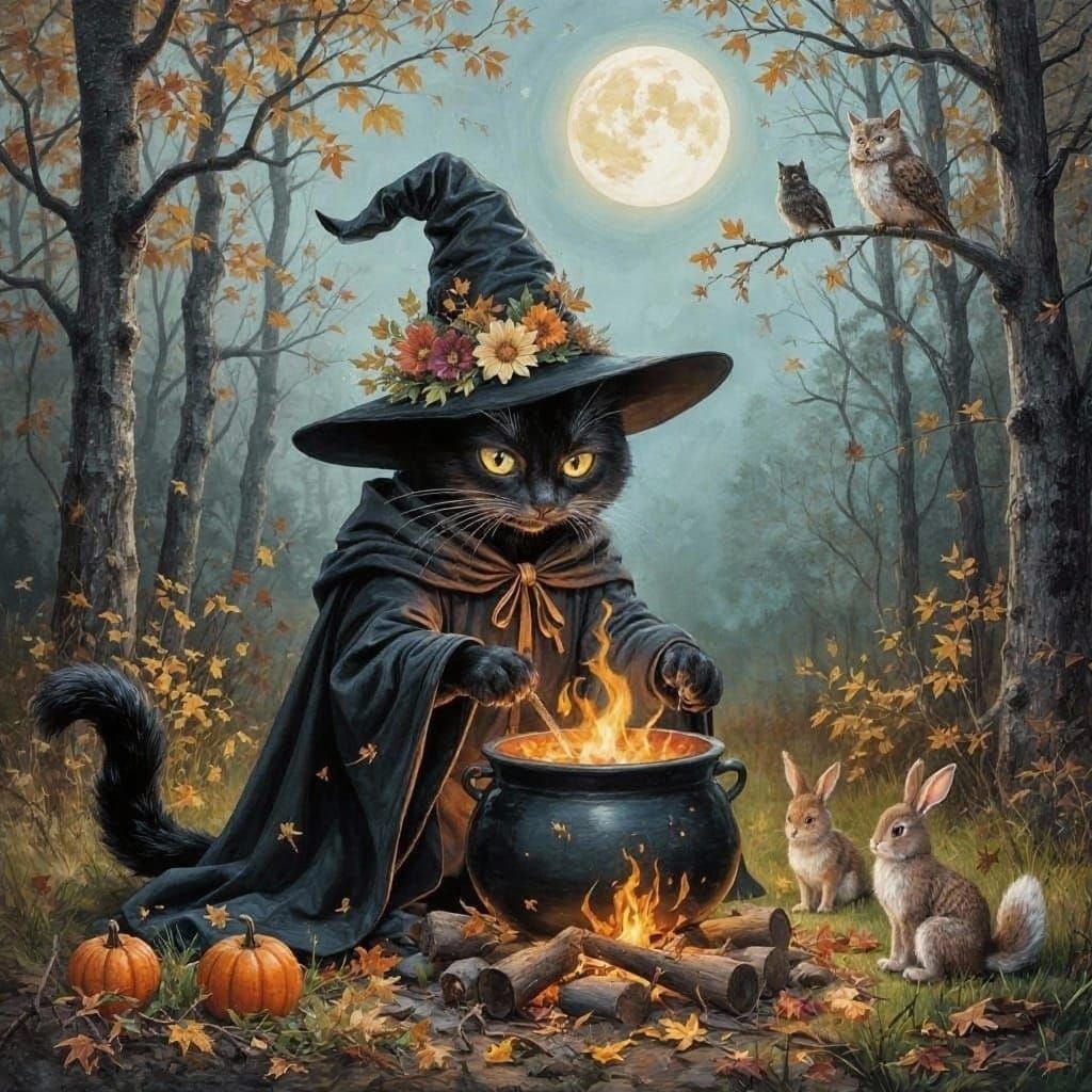Black Cat Witch Brews Cauldron in Fall Forest
