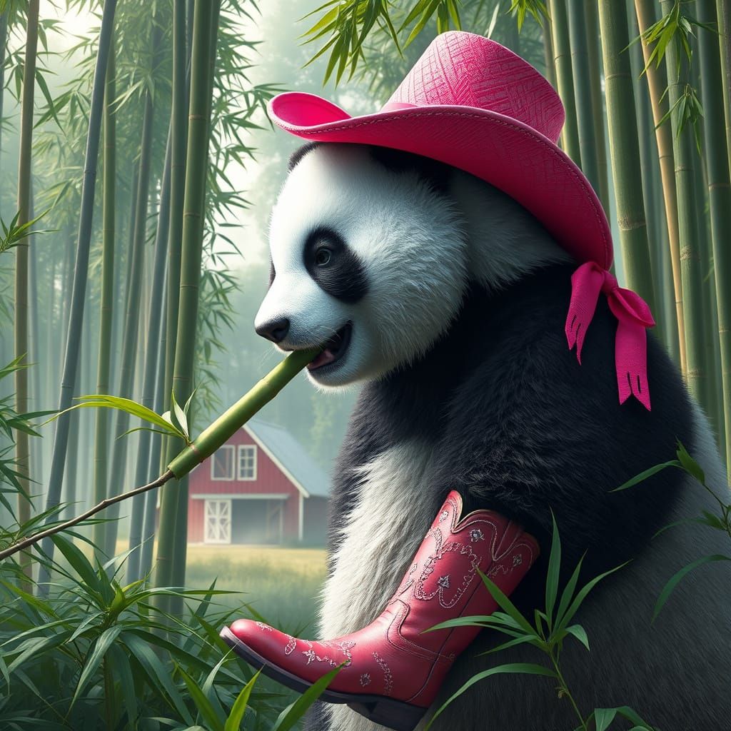 Giant Panda in Whimsical Cowboy Attire Amidst a Lush Bamboo ...