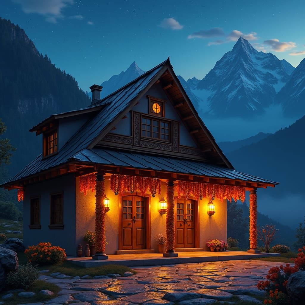 Nepalese House Adorned with Marigolds at Night