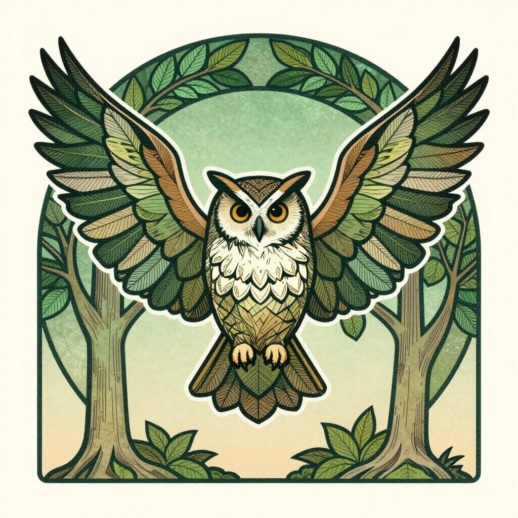 Geometric Owl with Leaf Wings in Art Nouveau Style