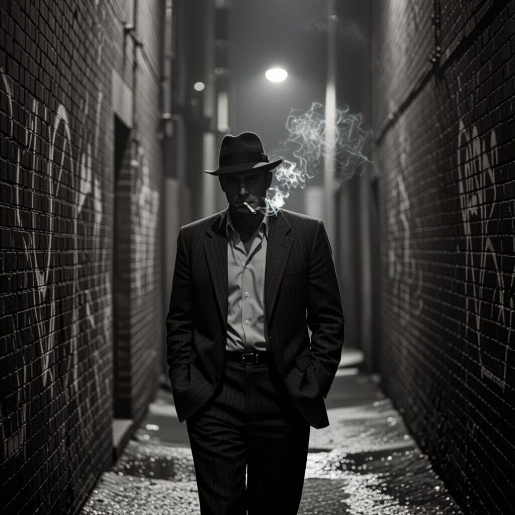 Film Noir Gangster Ponders His Plan in Dark Alley