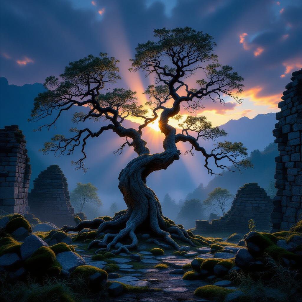 Ancient Tree in Ruins Under Twilight Sky