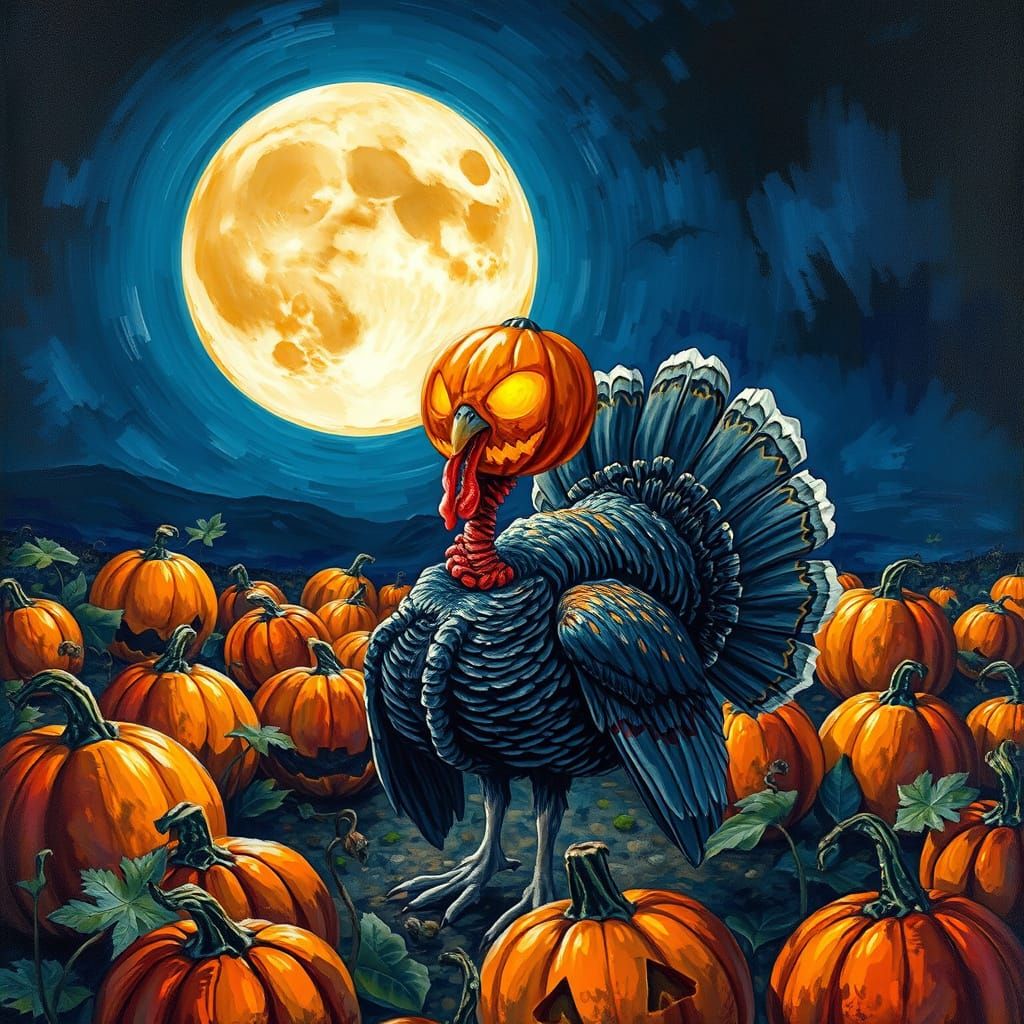 Headless Turkey with Jack-o'-Lantern Head in Haunted Patch