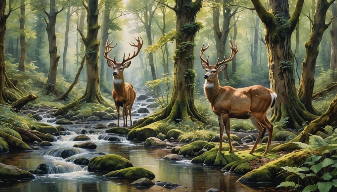 Deer in Ancient Forest: Hyperrealistic Watercolor