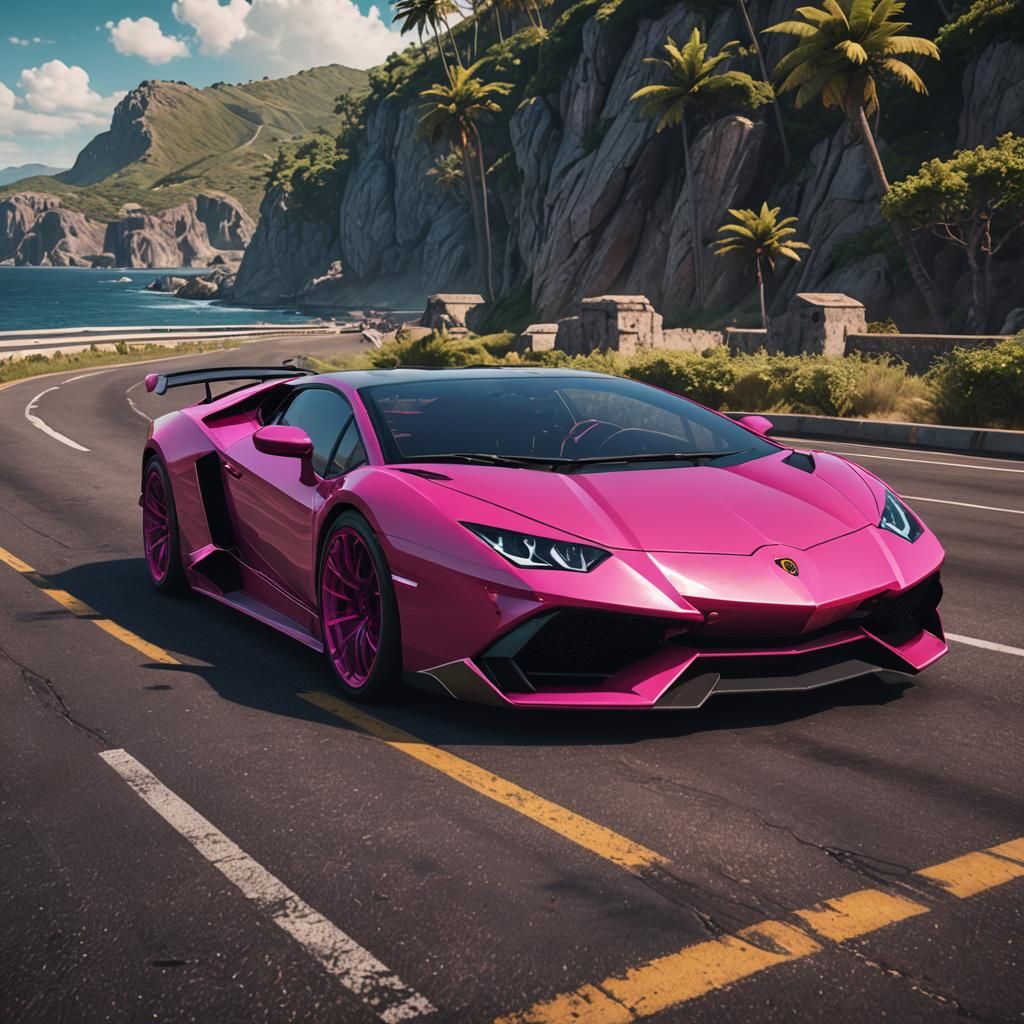 Hot Pink Lamborghini Seaside in Detailed Matte Painting