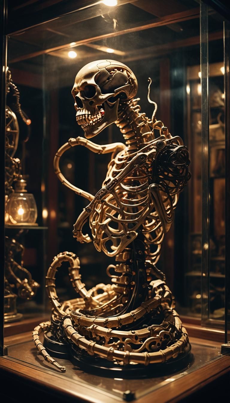 Mechanical Snake Skeleton in Glass Case: Cinematic Still