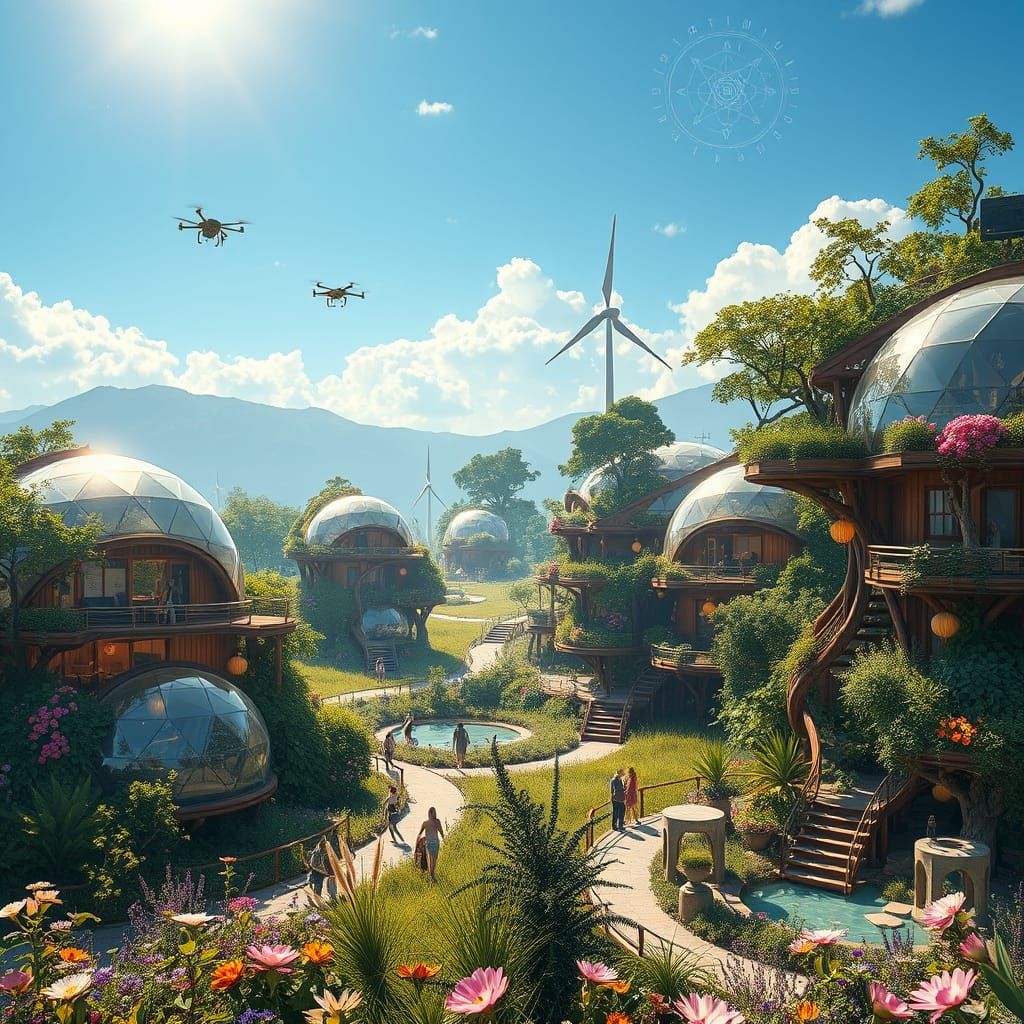 Solarpunk Oasis in Vibrant, Lush Meadow