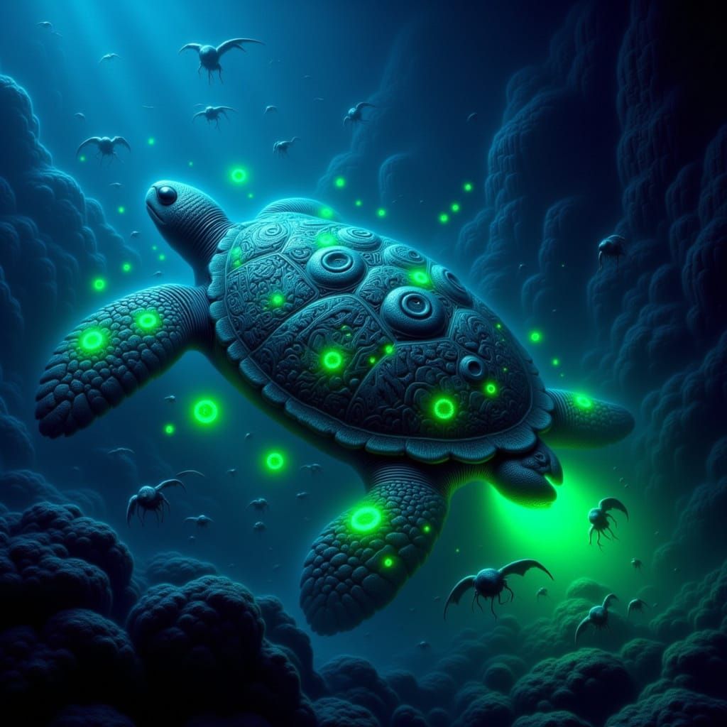 Giant Rune Turtle in Alien Ocean Abyss