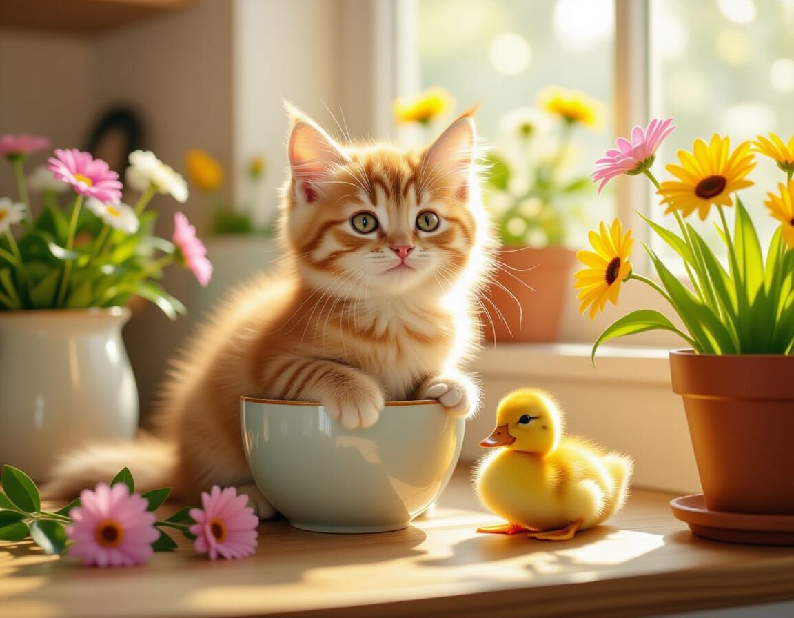 Cute Cat in a Sunny Spring Kitchen, Watercolor Fantasy