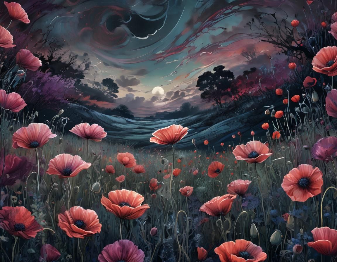 Poppy Field Storm Illustration in Fantasy Style