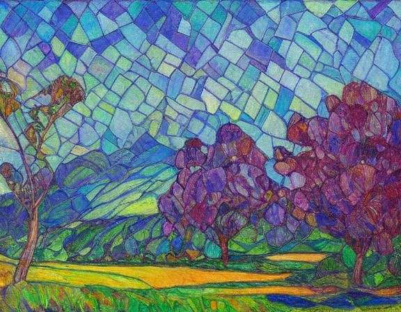 Stained Glass Landscape in Tetradic Colors