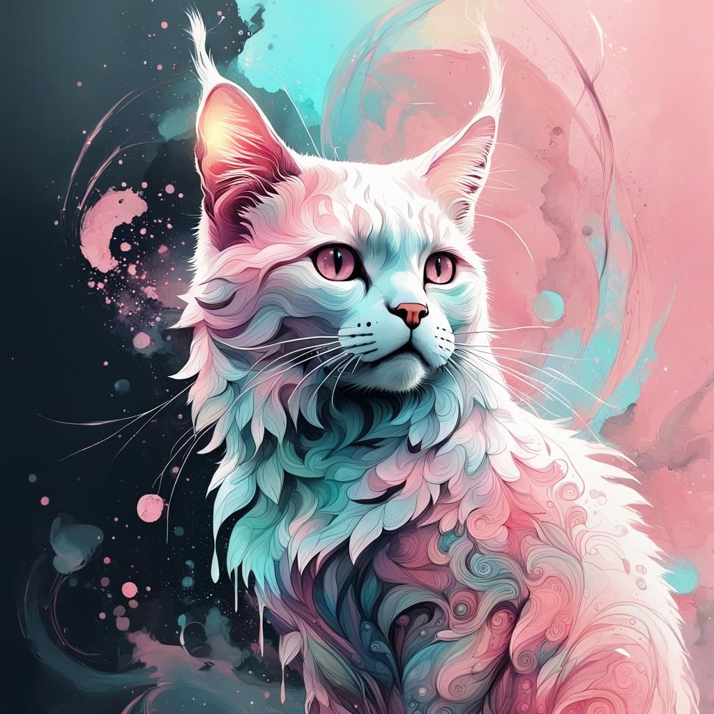 Pastel Cat in Soft Brushstrokes and Dripping Ink