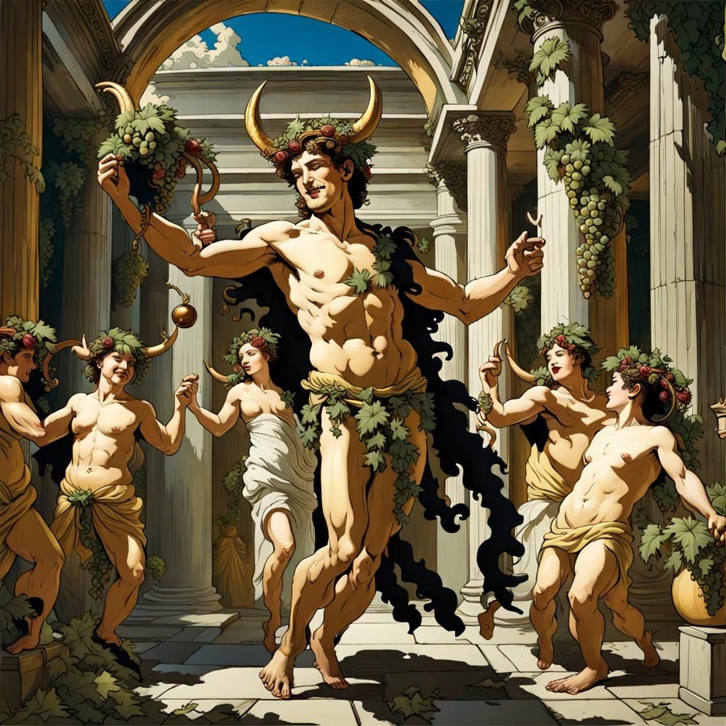 Bacchus, Horned God of Wine, Dancing in Courtyard