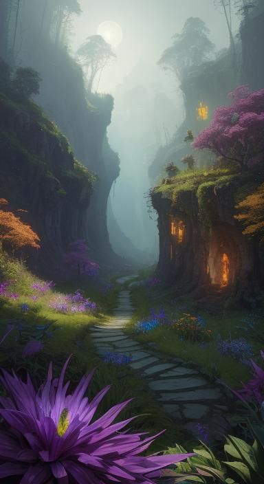 Enchanted Road Disappearing into Horizon: Fantasy Art