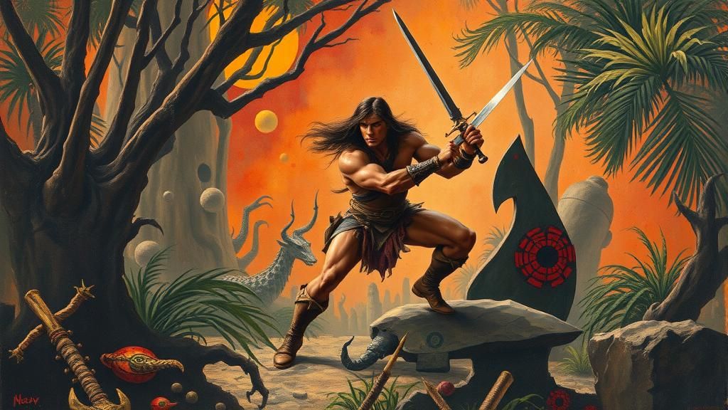 Conan the Barbarian in Surreal Jungle Landscape