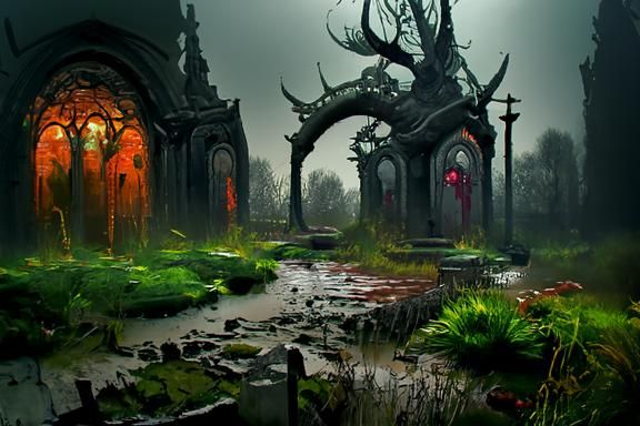 Dark Fantasy Park of Forgotten Gods: Digital Illustration