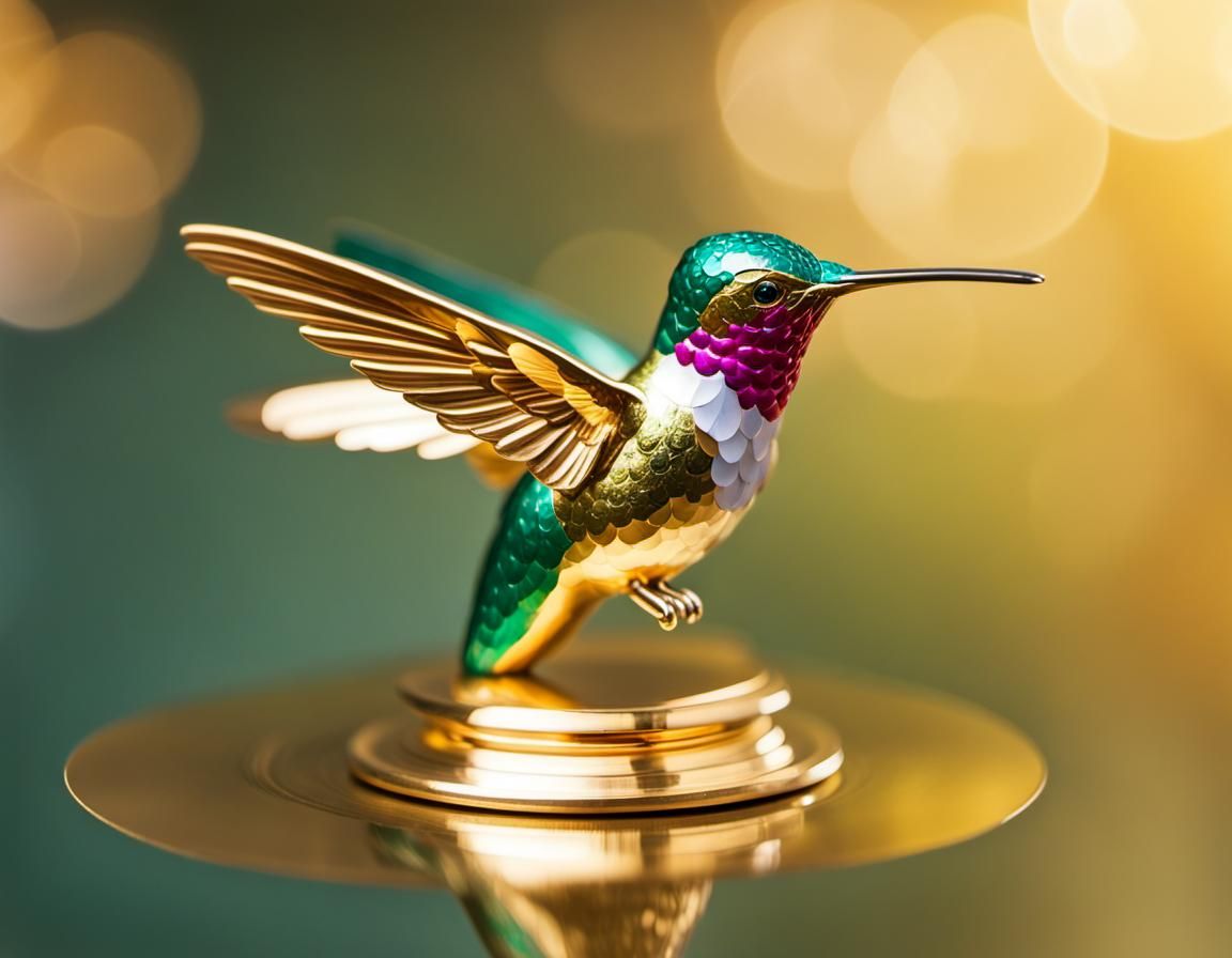 Golden Hummingbird Statue on Disk, Professional Photography