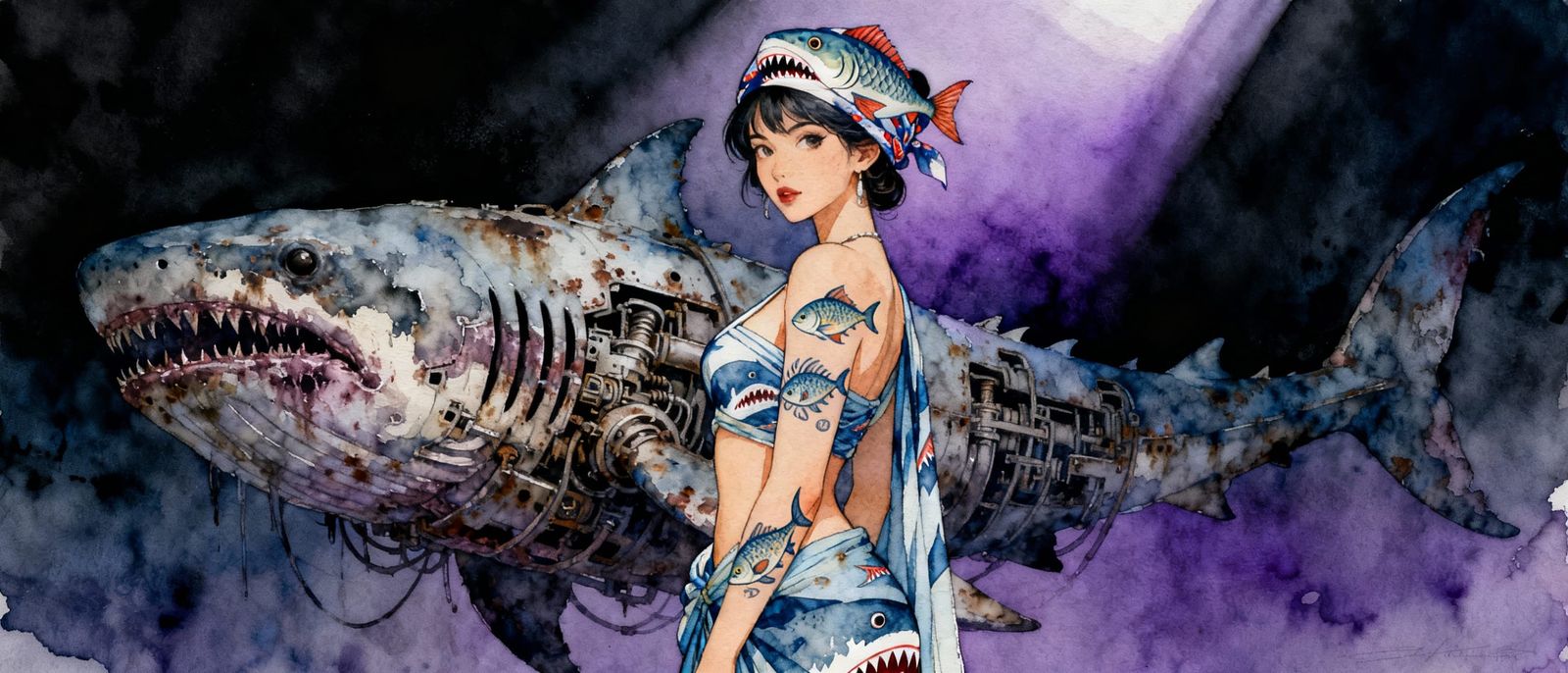 Pinup Woman in Fish-Patterned Sari with Undead Leviathan