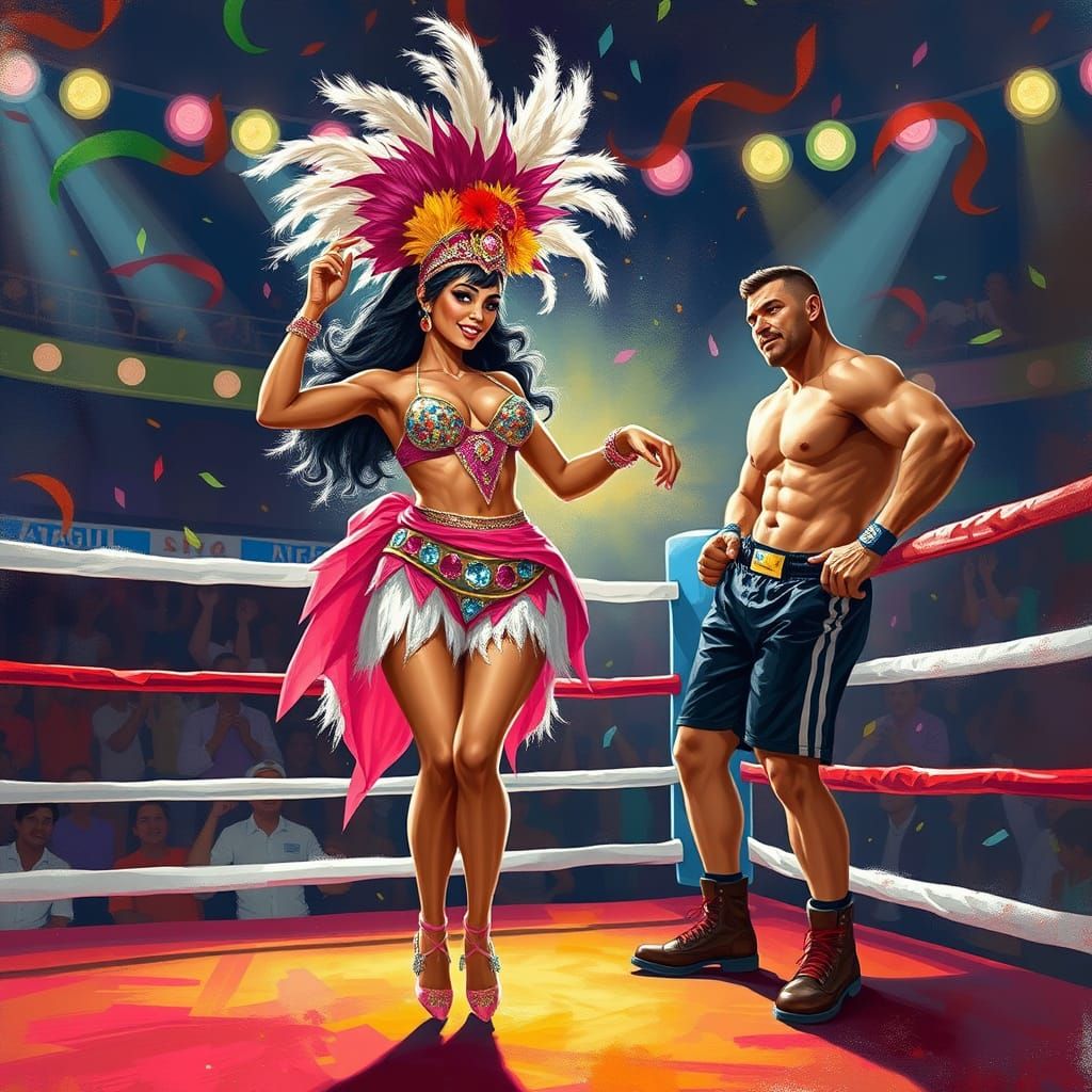 Vibrant Carnival Queen Dances in Boxing Ring with Joyful Box...