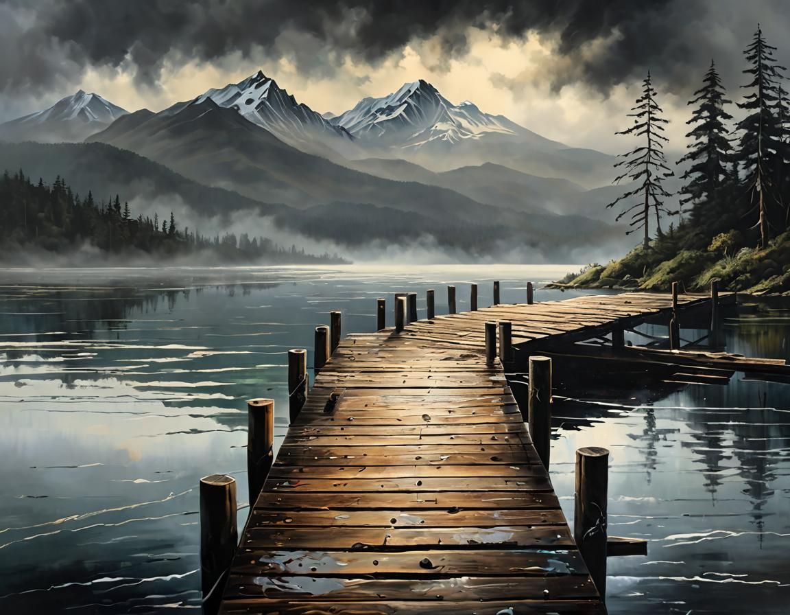Moody Oil Painting of Dock on Foggy Lake